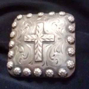 💥SHIELD - HWG Signed Vintage Ornate Cross Silver Plate Belt Buckle